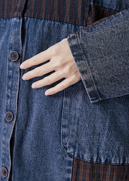 Navy Oversized Patchwork Applique Denim Trench Coat Spring