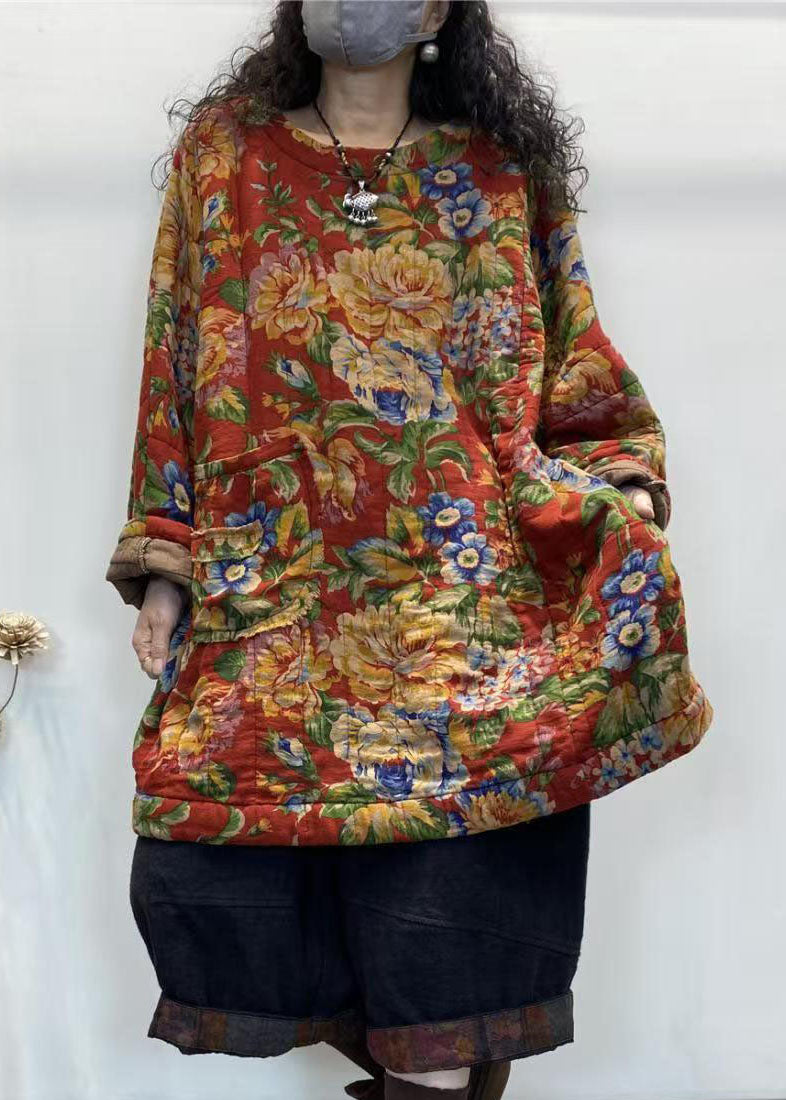 Red O Neck Print Fine Cotton Filled Top Winter