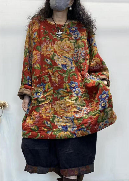 Red O Neck Print Fine Cotton Filled Top Winter