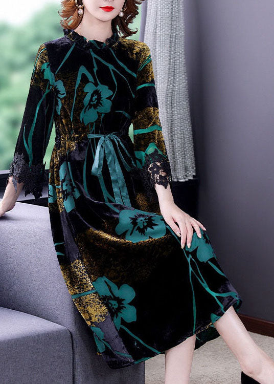 Green Cinched Jacquard Silk Velour Long Dress Spring