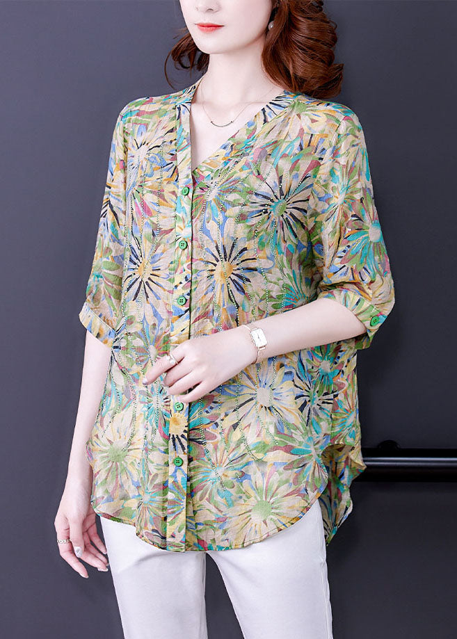 Green V Neck Oversized Print Chiffon Shirt Tops Half Sleeve