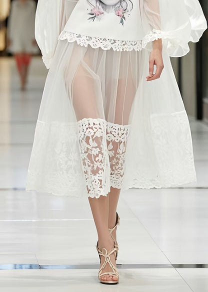 White Print Patchwork Lace Perspective Dress Lantern Sleeve