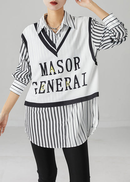 White Striped Patchwork Cotton Shirt Top Fall