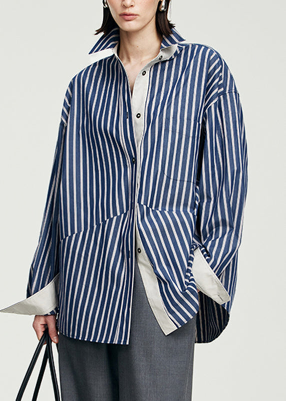 Blue Striped Patchwork Button Top Long Sleeve
