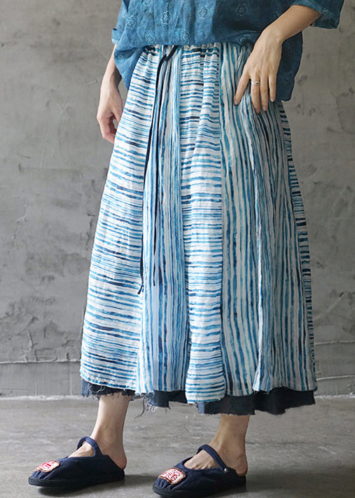 Blue Asymmetrical Design Striped Patchwork Linen Skirt Spring