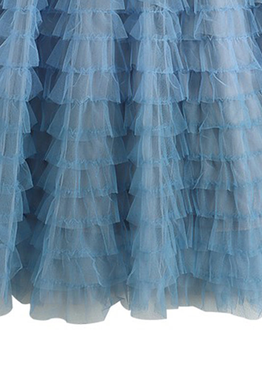 Blue High Waist Patchwork Tulle a Line Skirts Summer