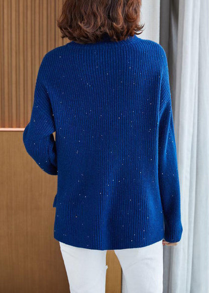 Blue Turtleneck Side Open Cotton Knit Sweaters Long Sleeve Spring