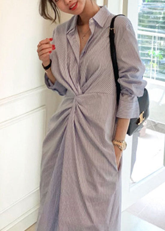 Organic Blue Asymmetrical Striped Cotton Shirts Dress Spring