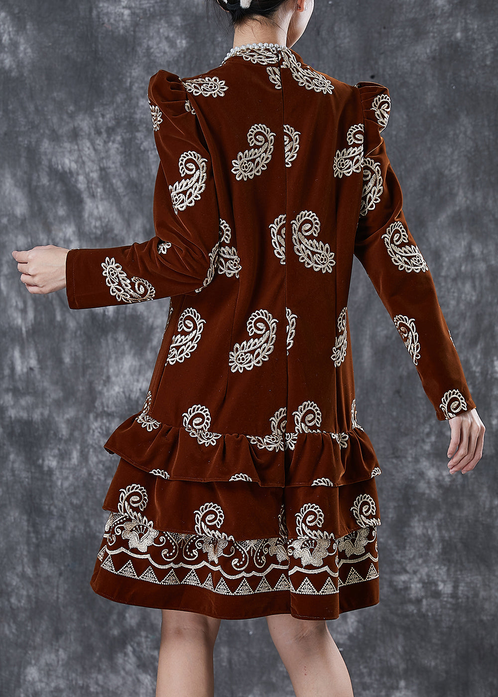 Brown Print Silk Velour Vacation Dress Ruffled Puff Sleeve Spring