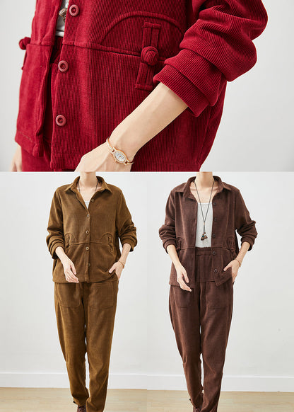 Mulberry Chinese Button Patchwork Warm Fleece Two Pieces Set Winter