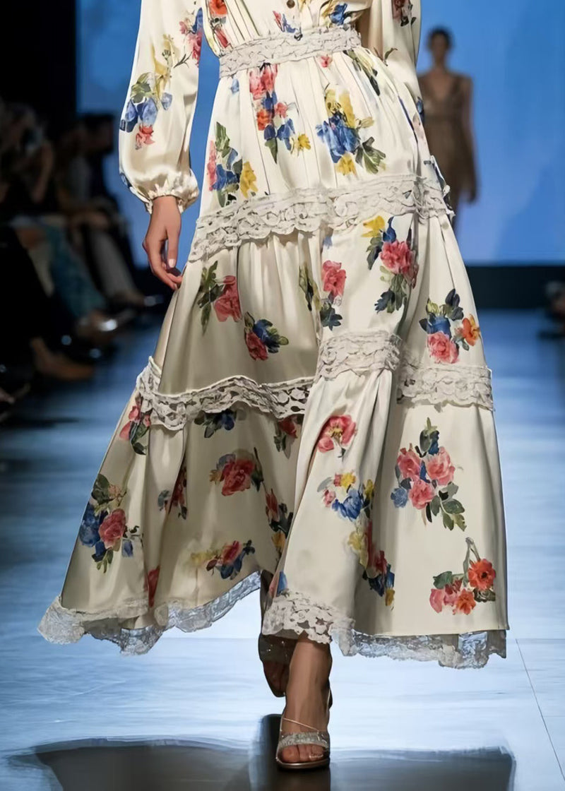 Diy Apricot Print Lace Patchwork Silk Holiday Dress Spring