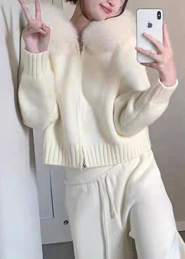 Blue Fur Collar Zippered Knit Coats Winter