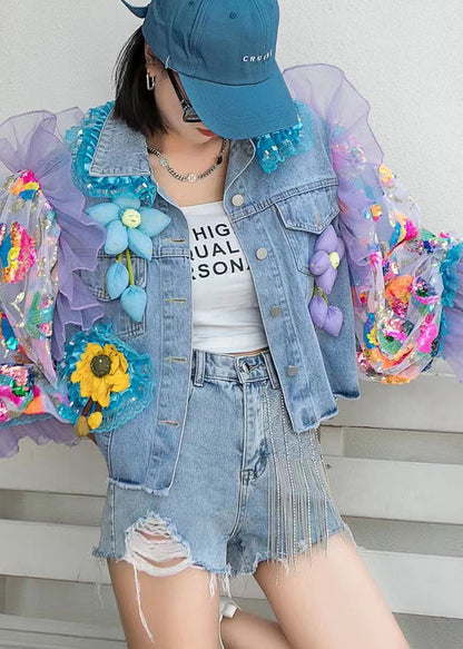 Italian Blue Tulle Ruffled Sequins Decorated Patchwork Denim Coat Spring