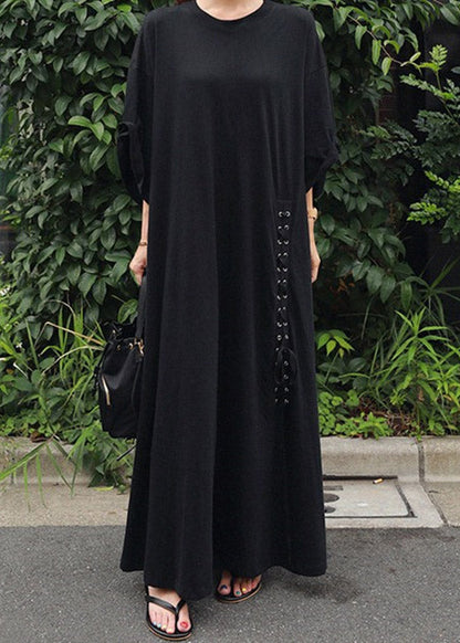 Grey O-neck Asymmetrical Cotton Dress Three Quarter Sleeve