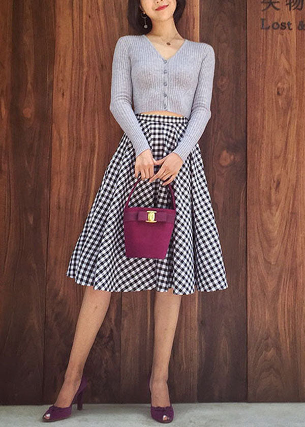 Black White Plaid High Waist Cotton a Line Skirts Spring