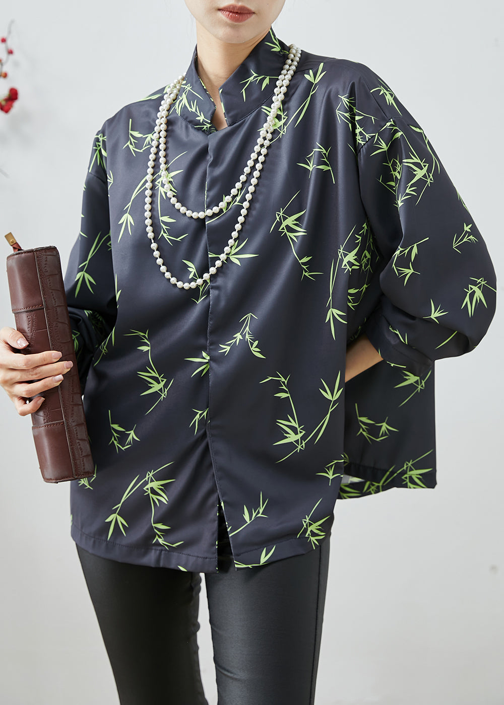 Black Oversized Bamboo Leaf Print Silk Shirt Spring