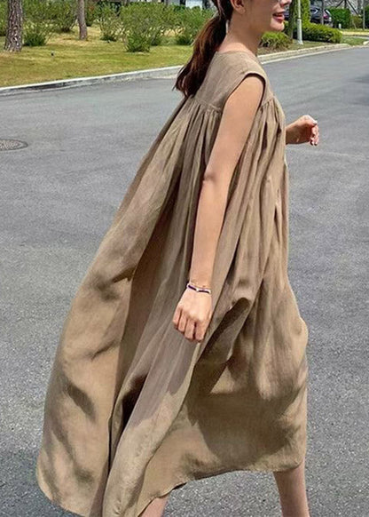 Loose Khaki O-neck Patchwork Wrinkled Llong Dress Summer