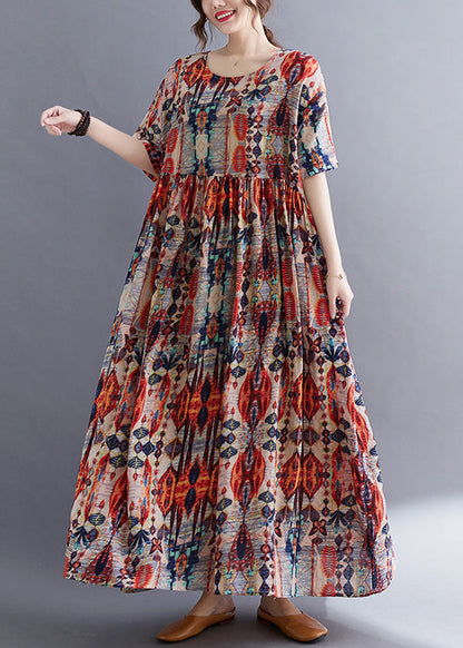 Long Red O-neck Patchwork Cozy Cotton Maxi Dresses Summer