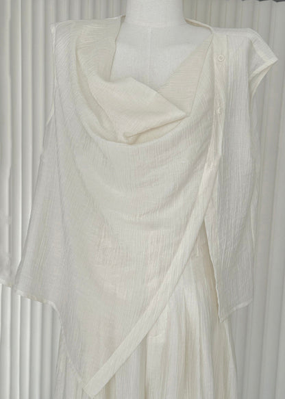 New White Asymmetrical Shirts and Wide Leg Pants Cotton Two Pieces Set Summer