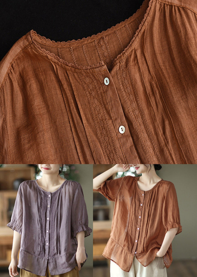 Purple O-neck Patchwork Button Linen Shirt Half Sleeve
