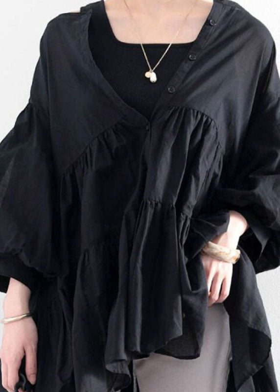 Black O Neck Wrinkled Patchwork Cotton Shirt Top Lantern Sleeve