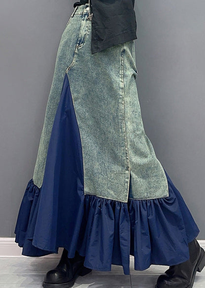 Blue High Waist Pockets Patchwork Denim Skirts