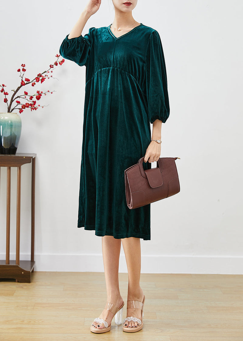 Peacock Green Oversized Patchwork Silk Velour Holiday Dress Lantern Sleeve