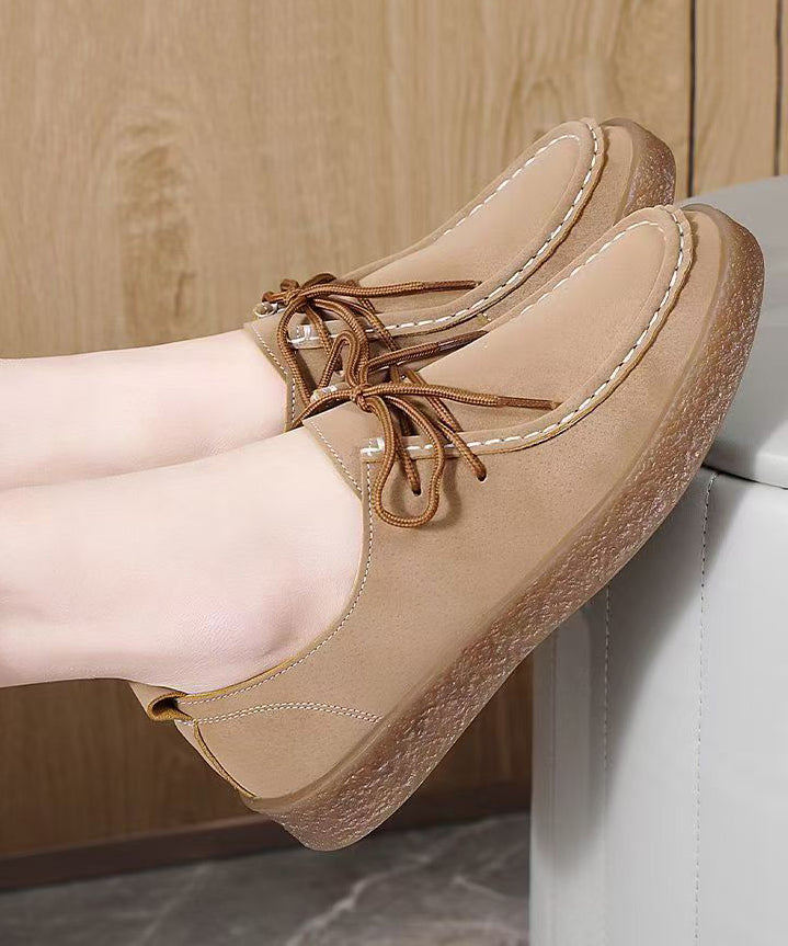 Lace Up Flat Feet Shoes Brown Faux Leather