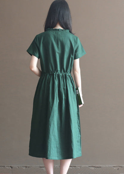 Blackish Green Ruffled Wrinkled Drawstring Cotton Dress Short Sleeve