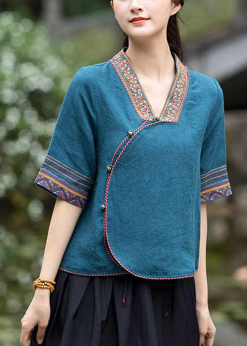 Art Peacock Blue Style Embroideried Linen Top Half Sleeve
