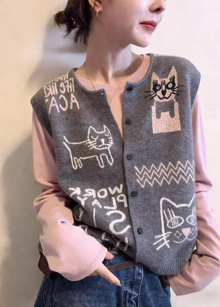 Loose Grey O-neck Print Button Knitted Cotton Waistcoat Sleeveless