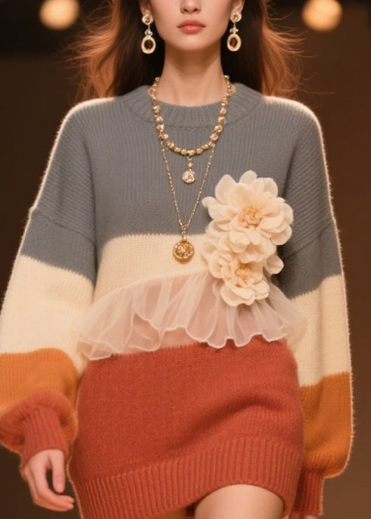 Stylish O Neck Tulle Ruffled Knit Sweaters Fall
