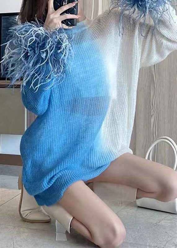 French Gradient Color Blue O-neck Cozy Thin Cotton Knit Sweater Long Sleeve