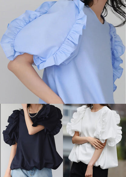 Navy Ruffled Oversized Cotton Tops Puff Sleeve
