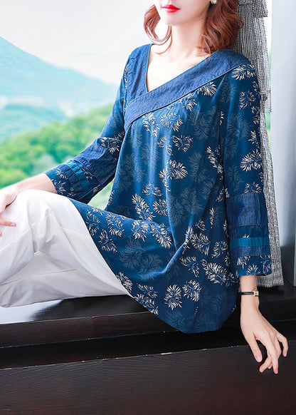 Boutique Blue Tie Waist Asymmetrical Design V Neck Print Patchwork Cotton Top Three Quarter Sleeve