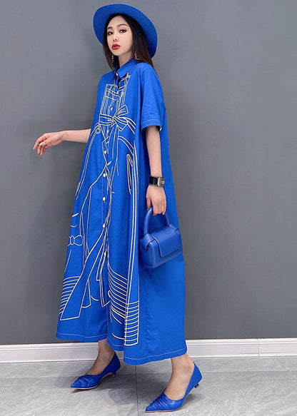 Blue Character Print Cotton Linen a Line Dress Oversized Short Sleeve