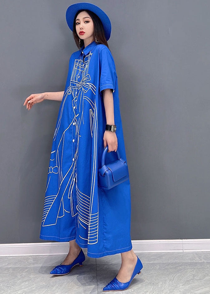 Blue Character Print Cotton Linen a Line Dress Oversized Short Sleeve