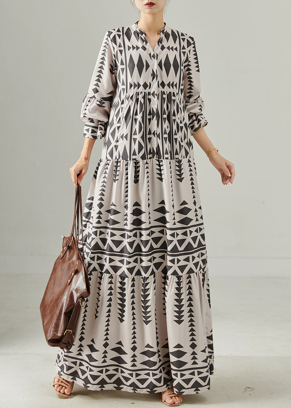 Grey Oversized Print Chiffon Dress Spring