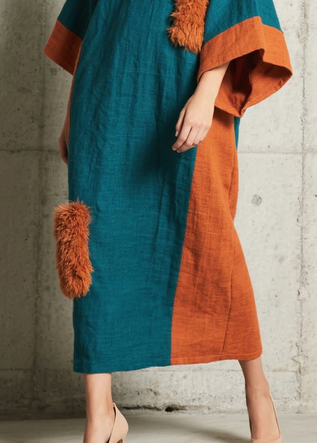 Colorblock Asymmetrical Patchwork Faux Fur Dresses Batwing Sleeve