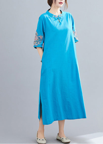 Blue Mandarin Collar Side Open Embroideried Dress Half Sleeve