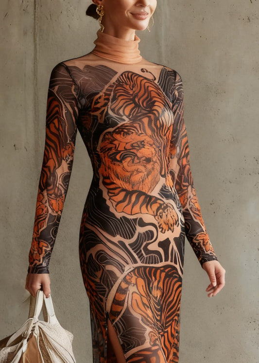 Tiger Print Side Open Tulle Long Dresses Spring