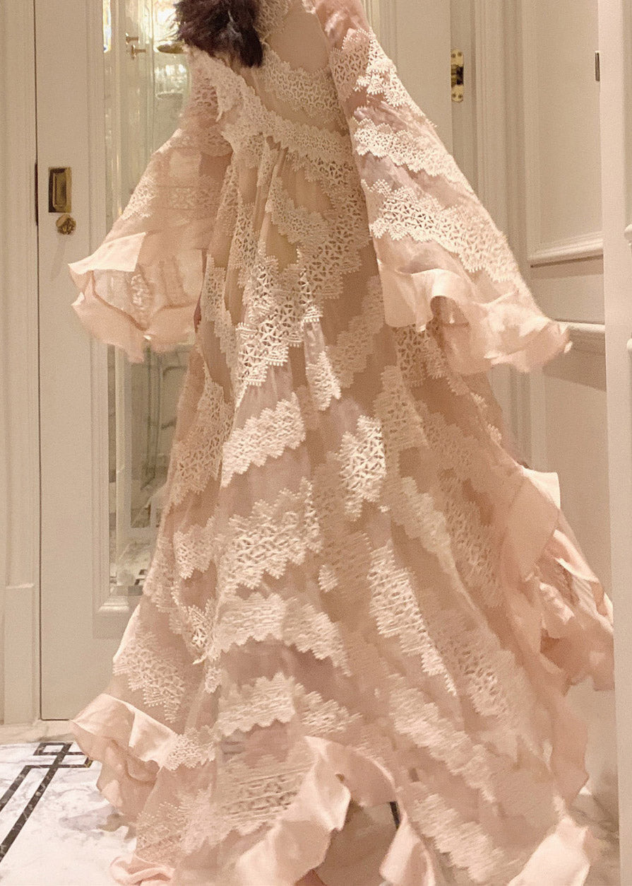 Apricot V Neck Patchwork Lace Maxi Dresses Long Sleeve