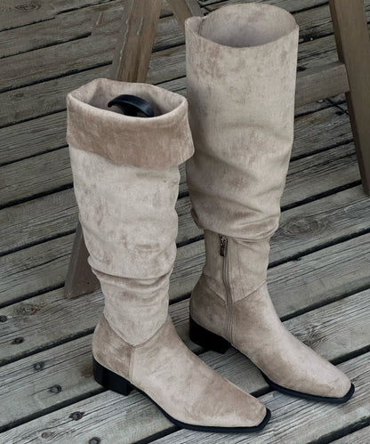 Zippered Splicing Chunky Boots Beige Suede
