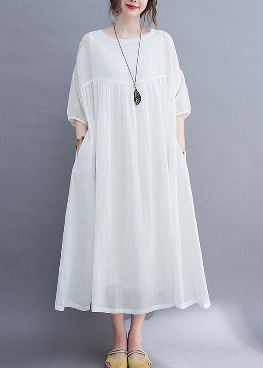 White O-neck Wrinkled Extra Large Hem Long Dress Half Sleeve