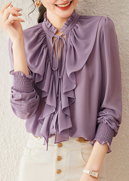 Purple Ruffled Patchwork Tie Lace Shirt Fall