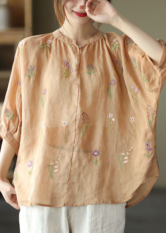 French Orange Low High Design O-neck Embroideried Linen Tops Half Sleeve