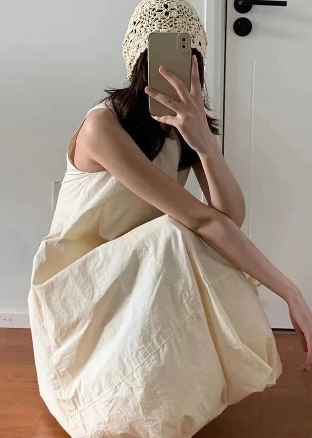 Fitted Beige O-neck Cotton Lantern Dress Sleeveless