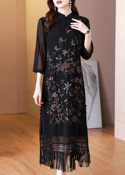 Black Tasseled Embroidered Silk Long Dresses Bracelet Sleeve