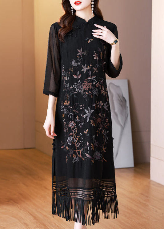 Black Tasseled Embroidered Silk Long Dresses Bracelet Sleeve