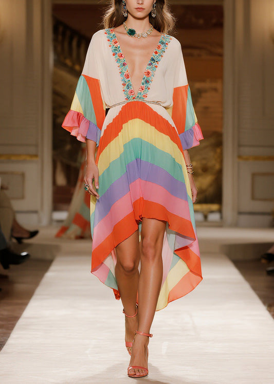 V Neck Print Low High Design Chiffon Dress Summer